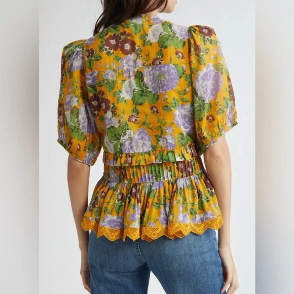 Farm Rio Capri Peplum Hem Floral Blouse Yellow & Purple size Large - Picture 3 of 17